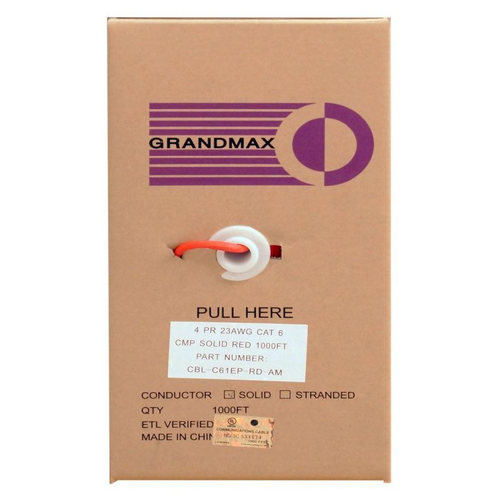 Grandmax CAT6 550MHz Shielded Solid Bulk Cable, 1000ft, STP Pull Box, CMR Rated, 100% Pure Copper, Multiple Colors... N11