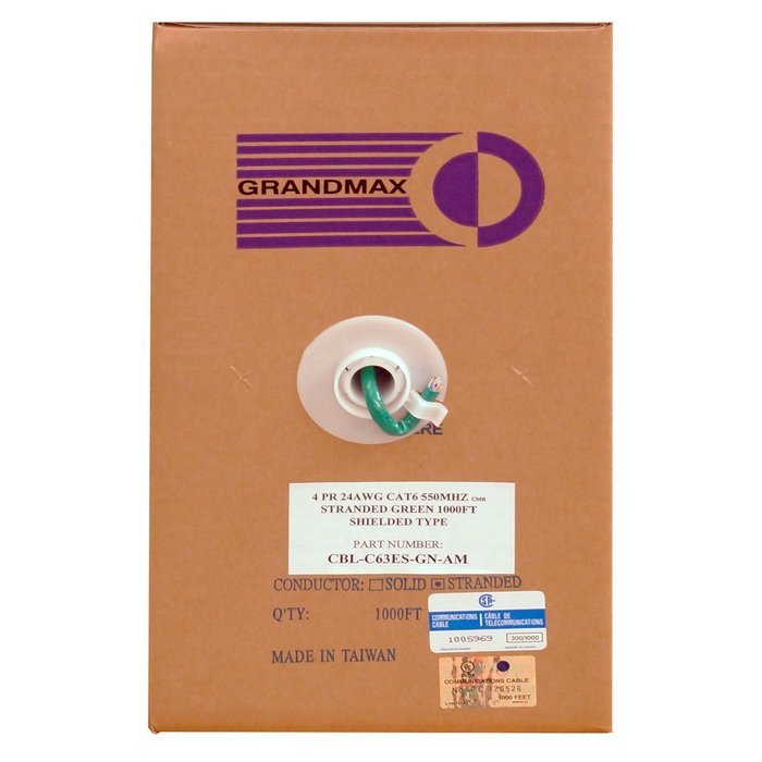 Grandmax CAT6 550MHz Shielded Solid Bulk Cable, 1000ft, STP Pull Box, CMR Rated, 100% Pure Copper, Multiple Colors... N14