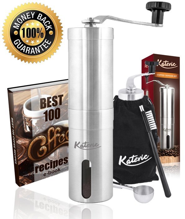 Katevic Manual Coffee Grinder with Adjustable Ceramic Burr, Ebook, Brush, Spoon and Carry Bag