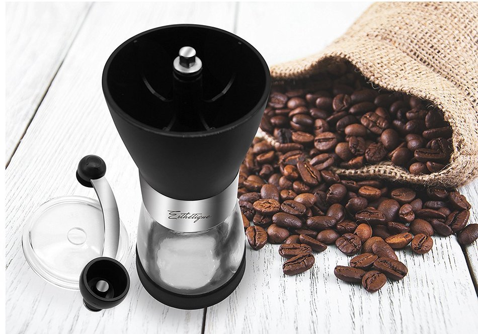 Esth&eacute;tique Manual Coffee Grinder Mill Ceramic Burr Glass Storage Portable Coffee Bean Ground Maker
