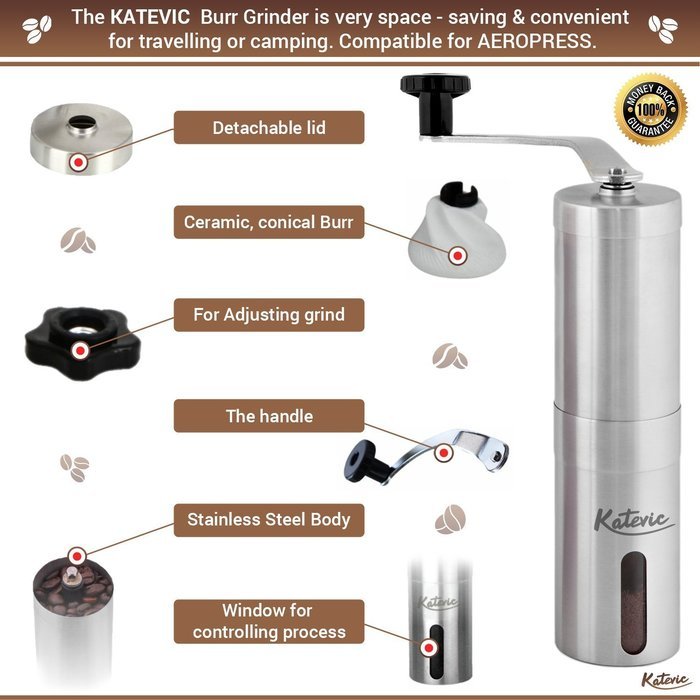 Katevic Manual Coffee Grinder with Adjustable Ceramic Burr, Ebook, Brush, Spoon and Carry Bag N3