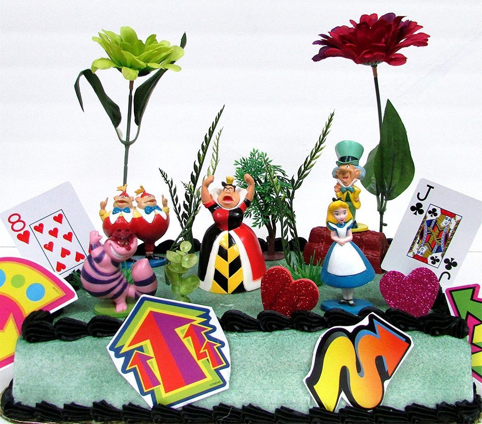 Alice in Wonderland Birthday Cake Topper Set Featuring 5 Alice in Wonderland Figures and Decorative Themed Accessories N6