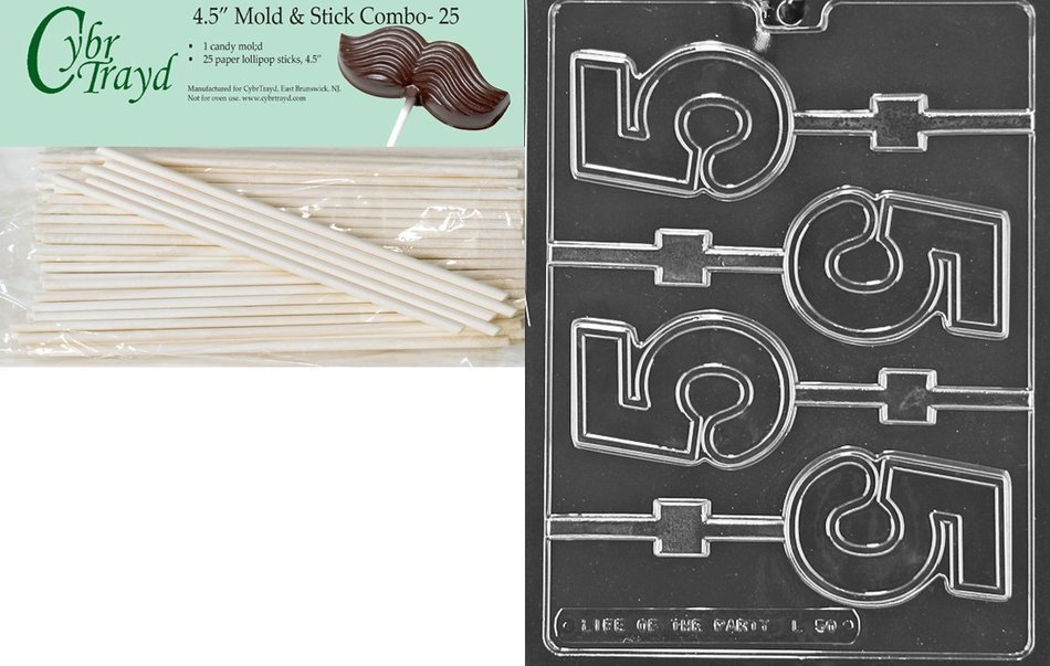 Cybrtrayd 45St25-L050 No.5 Lolly Letters and Numbers Chocolate Candy Mold with 25-Pack 4.5-Inch Lollipop Sticks