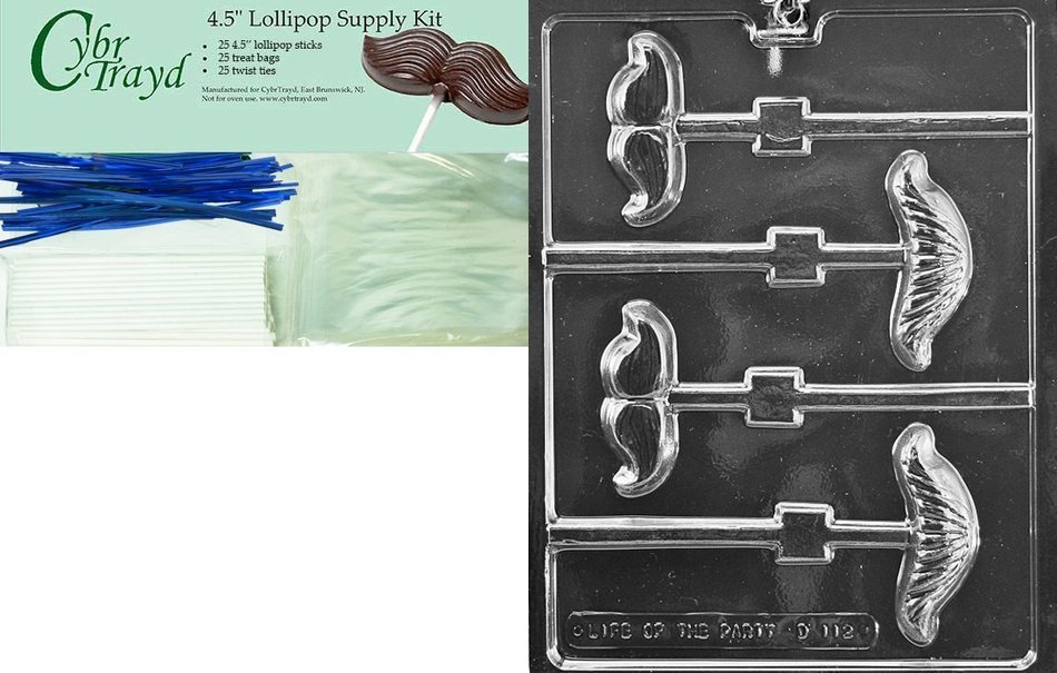 Cybrtrayd "Mustache Assortment Lolly" Dads Chocolate Candy Mold with Lollipop Supply Bundle, Includes 50 Lollipop... N7