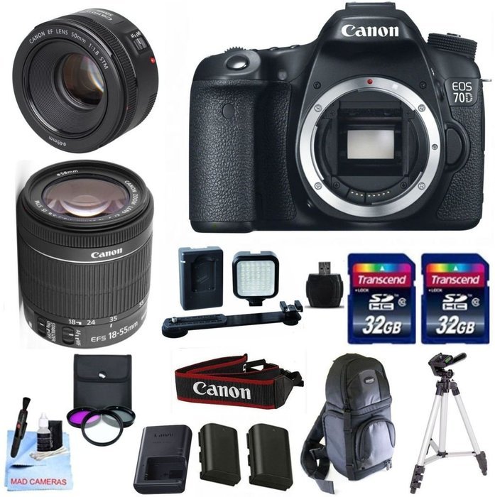 Canon 70D + Canon 18-55mm IS STM + Canon 50mm 1.8 STM Fixed Zoom Lens + 2 32GB Transcend SD Cards + LED Video...
