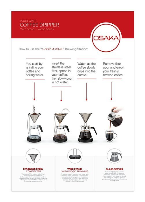 Osaka Pour-Over Coffee Dripper with Wood Stand - Full Brewing Set for a Homemade Pourover. "Lake Mashu" (Natrual)