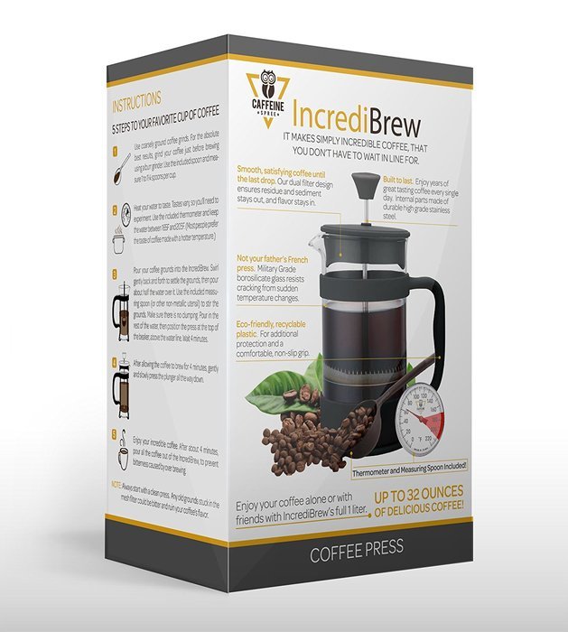 Caffeine Spree &ndash; IncrediBrew French Press Combo Pack Coffee and Tea Maker with: Stainless Steel Kitchen Thermometer... N4