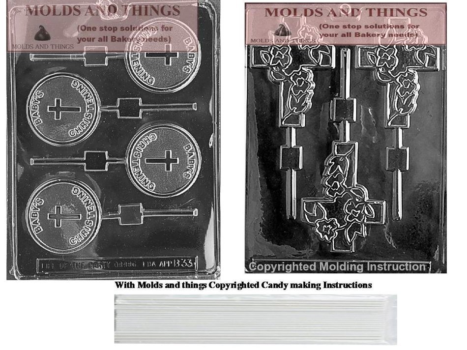 Baby's Christening Lolly Chocolate Candy Mold, Cross Chocolate Candy Mold and 50 sticks With Candy Making Instruction