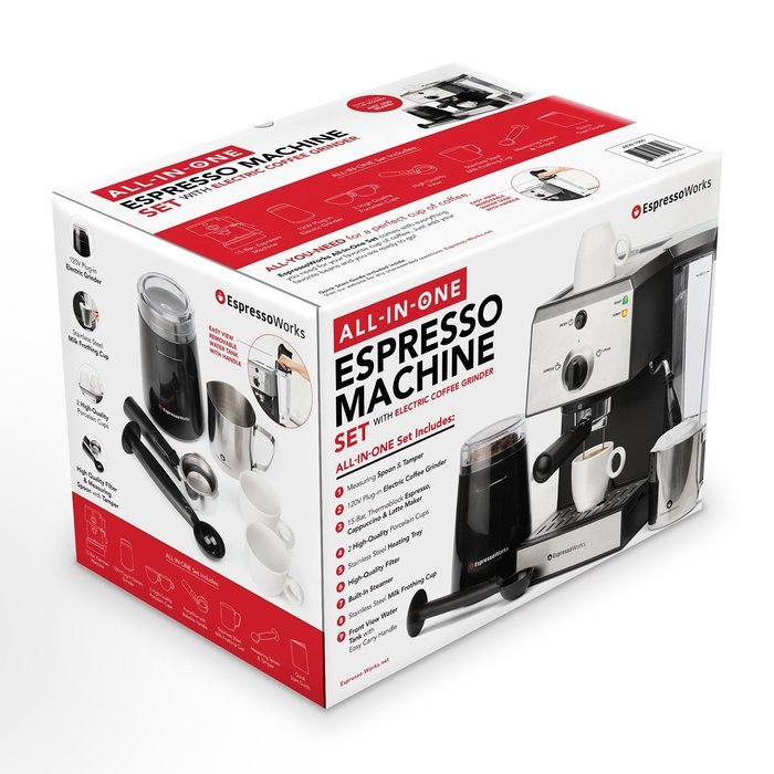 7 Pc All-In-One Espresso Machine Bundle Set, 15 Bar Pump - (INCLUDES: Electric Coffee Bean Grinder, Portafilter... N4