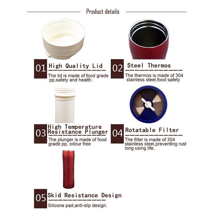 XIDAJE Portable Stainless Steel French Press Coffee Maker Bottle with Rotatable Filter (Silver) N2