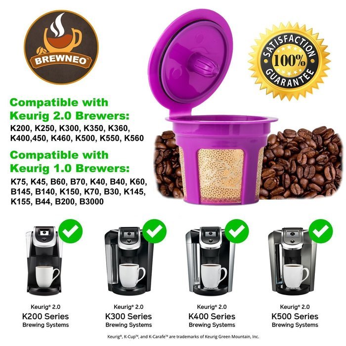 Brewneo - 2 Reusable K Cup Coffee Filters for Keurig 2.0 - K200, K300, K400, K500 Series and 1.0 Brewers - 24k... N6