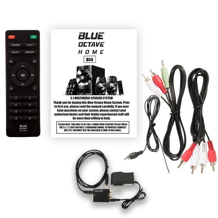 Blue Octave B54 Home Theater 5.1 Bluetooth Speaker System with Optical Input FM Tuner USB / SD