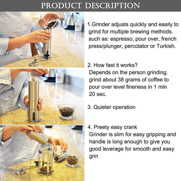 Homdox Manual Coffee Bean Grinder , Stainless Steel N2