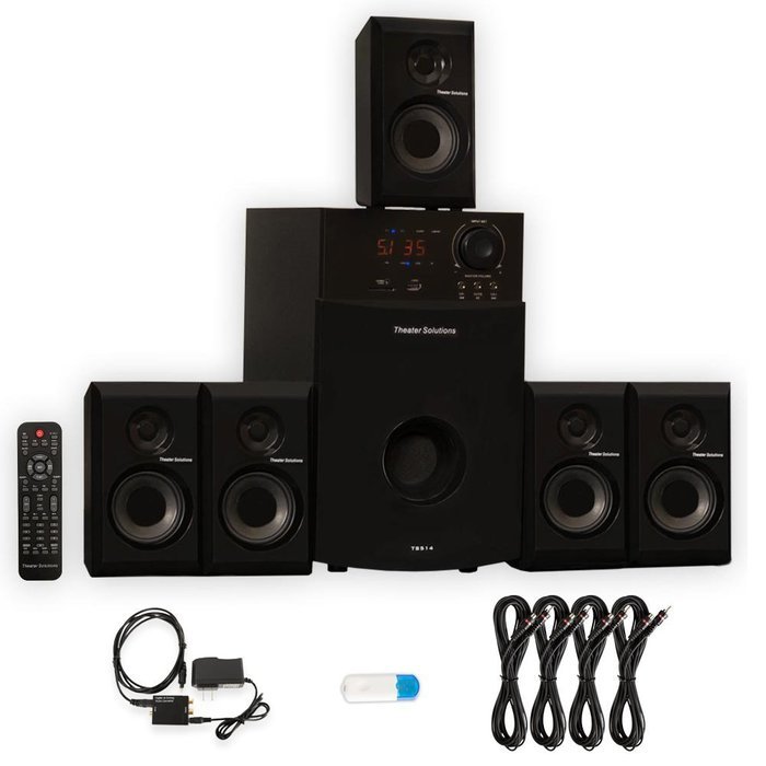Theater Solutions TS514 Home 5.1 Speaker System with USB Bluetooth Optical Input and 4 Extension Cables N2