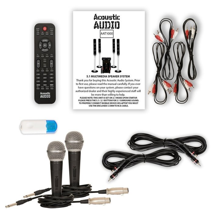 Acoustic Audio AAT1000 Tower 5.1 Speaker System with USB Bluetooth 2 Mics and 2 Extension Cables N2
