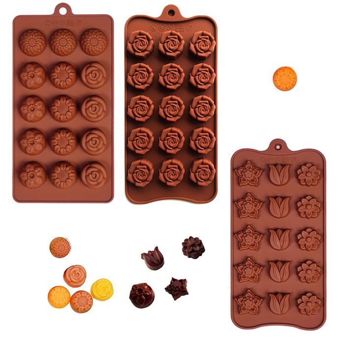 Poproo Flower Shaped 3-piece Candy Molds Set 15-cavities Chocolate Ice Cube Mold, Tulip Rose Sunflower Lotus Shapes