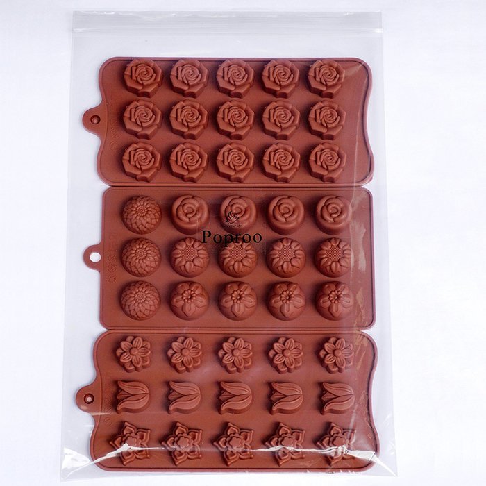 Poproo Flower Shaped 3-piece Candy Molds Set 15-cavities Chocolate Ice Cube Mold, Tulip Rose Sunflower Lotus Shapes N4