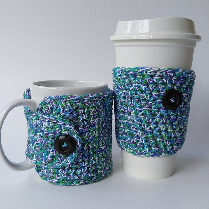Coffee Mug Cozy and Coffee Sleeve Set Blue Purple Green Twist