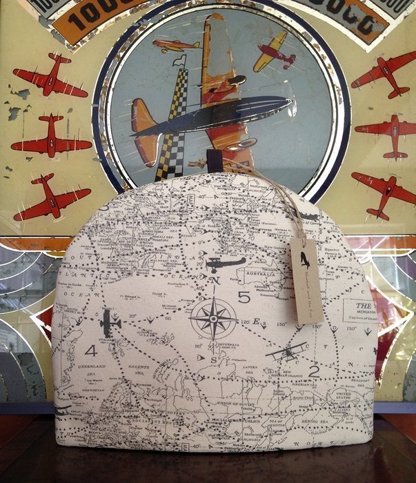 Espionage War Planes Artisanal Tea Cozy - WWII - Heavy Natural Cotton With Gunmetal or Navy on Cream - 5 Sizes