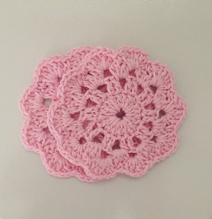Crochet Pink Cotton Flower Coasters Set of 2 N2