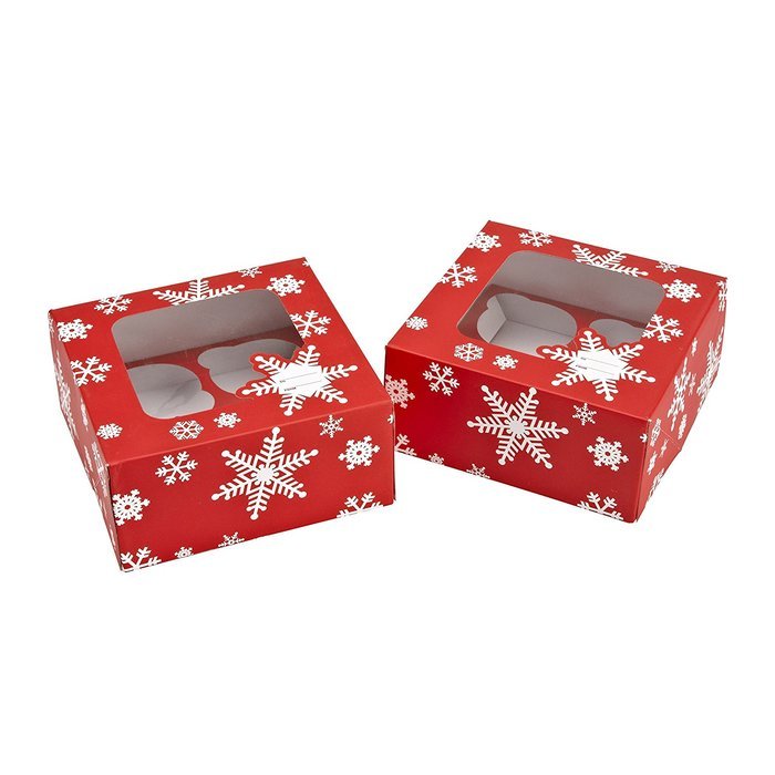 Sweet Creations 4-Cavity Snowflake Christmas Holiday Cupcake Boxes, Red N2
