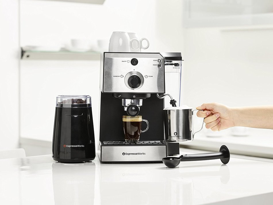 7 Pc All-In-One Espresso Machine Bundle Set, 15 Bar Pump - (INCLUDES: Electric Coffee Bean Grinder, Portafilter... N7