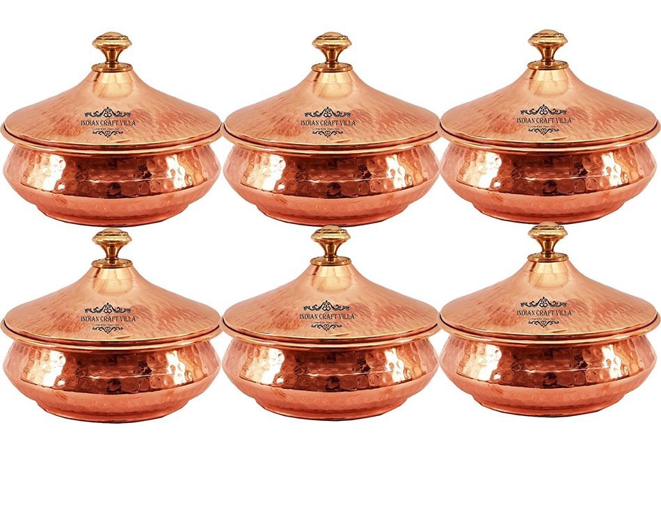 IndianCraftVilla 4.0" X 4.8" X 2.0" Handmade Steel Copper Mughlai handi Set of 6 Volume 300 ML With Lid serving... N3