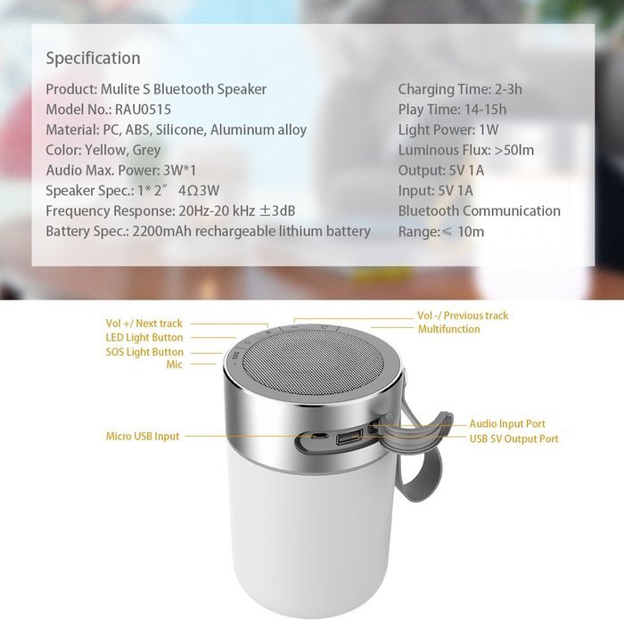 ROCK "Mulite S Bluetooth Speaker" Waterproof Wireless Bluetooth Speaker Portable, with Dimmable LED Light, SOS... N2