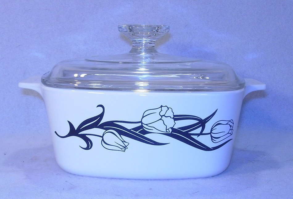 Corning Black Tulips Pattern 2 Quart Casserole with Lid