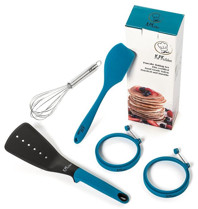5-Piece Baking Set | 2 Egg Rings, 1 Spatula, 1 Turner & 1 Whisk | Free Pancake Recipes eBook | Perfect Pancakes...