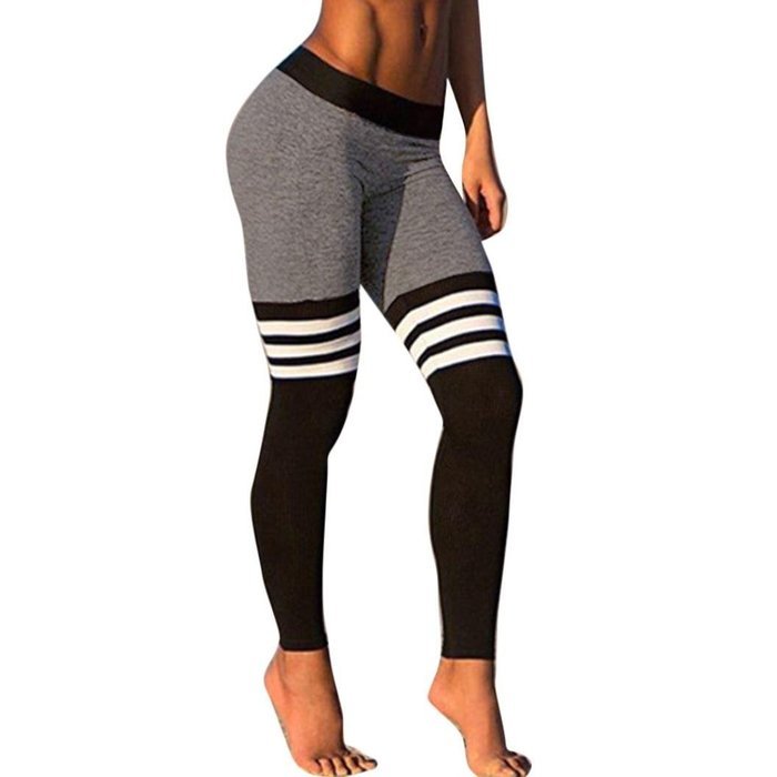 PHOTNO Women Fitness Yoga Leggings High Waist Stripe Patchwork Skinny Push Up Pants