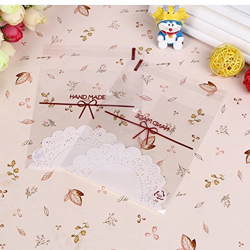 Harulu 100 pcs Lace Self Adhesive Cookie Candy Package Gift Bags Cellophane Birthday (Lace bow) N4