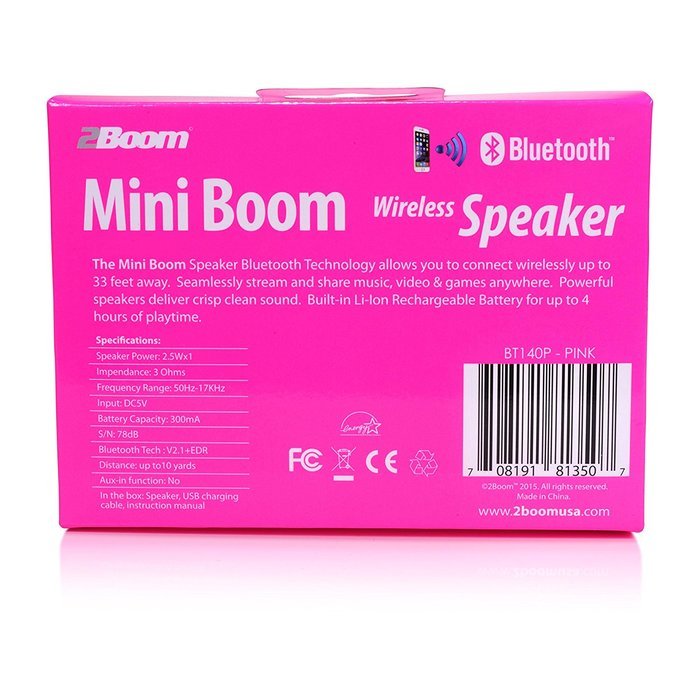 2BOOM Mini Boom Portable Mini Bluetooth iPod Wireless Speaker Pink N9