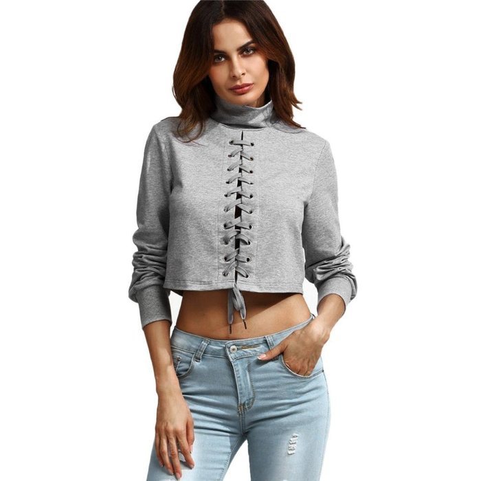 Women's Bandage,Laimeng Fashion Cotton Bandage High Collar Long Sleeve Casual Tops (M, Gray)