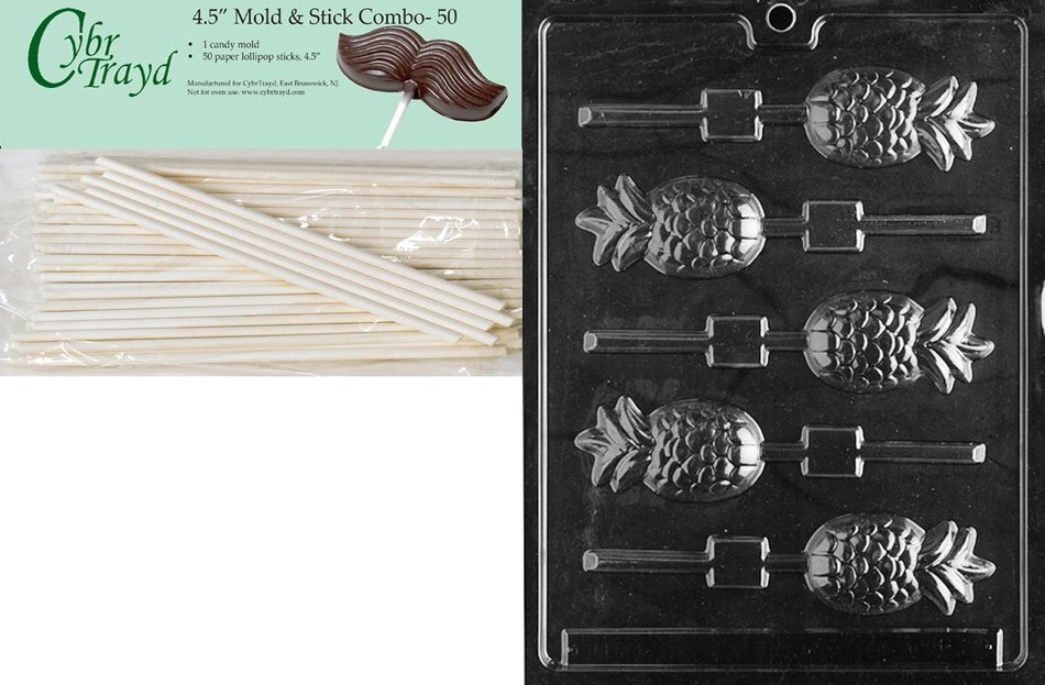 Cybrtrayd Pineapple Lolly Fruits and Vegetables Chocolate Candy Mold with 50 4.5-Inch Lollipop Sticks
