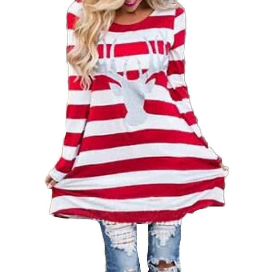 Stripe Dress,Morecome Women FashionChristmas Elk Long Sleeve Dress (XL, Red)