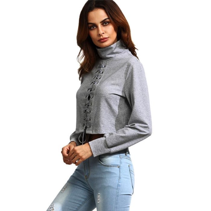 Women's Bandage,Laimeng Fashion Cotton Bandage High Collar Long Sleeve Casual Tops (M, Gray) N2