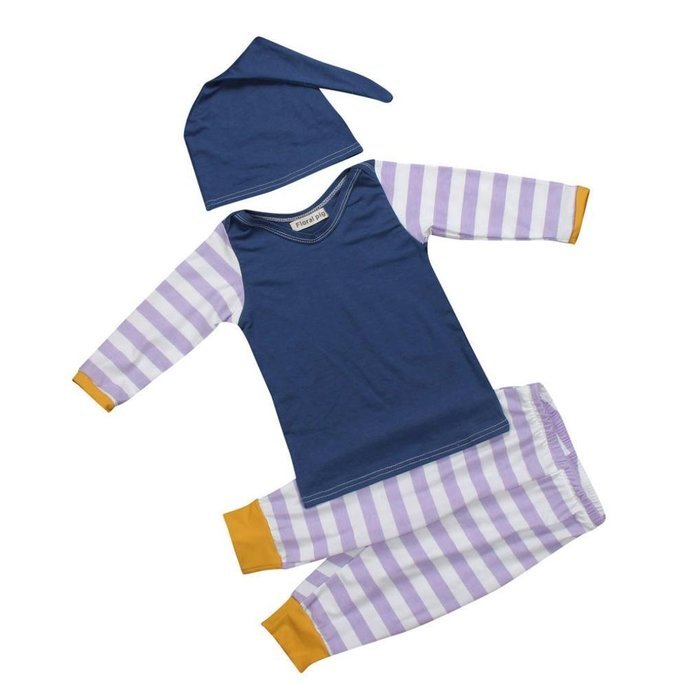 Clothes Set ,BeautyVan Newborn Kid Outfit Clothes Stripe Print T-Shirt Tops+Pants Trousers+Hat Set (24M, Purple) N3