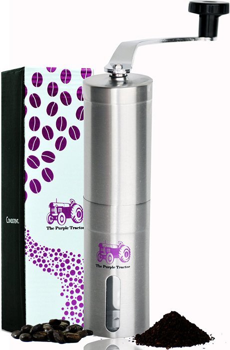The Purple Tractor Coffee Grinder, Precise Stainless Steel Manual Hand Crank Ceramic Burr For Superior Consistency...