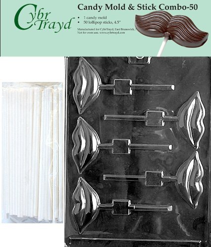 Cybrtrayd 45St50-V038 Lips Lolly Chocolate Candy Mold with 50 Cybrtrayd 4.5" Lollipop Sticks