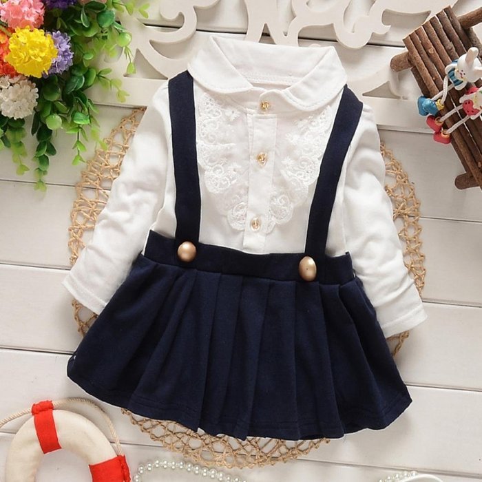 Baby Dress,Laimeng Baby Girl Outfit Fake Two Piece Long-Sleeved Strap Lace Dress Layered Dress (S, Navy)