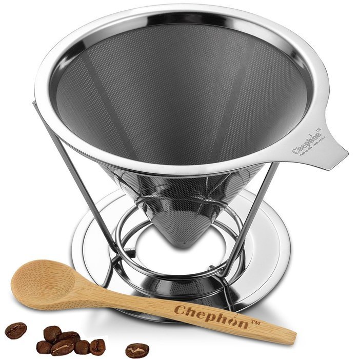 Chephon Paperless Pour Over Coffee Dripper - Stainless Steel Reusable Clever Coffee Filter Cone with Base Holder...