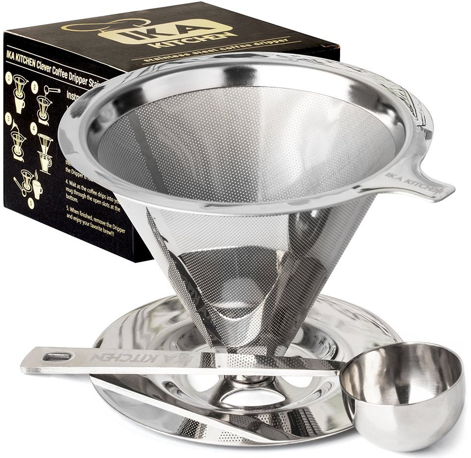 Clever Pour-Over Coffee Dripper by IKA KITCHEN - Stainless Steel Cone Brewer w/ Built-In Stand & Free Measuring...