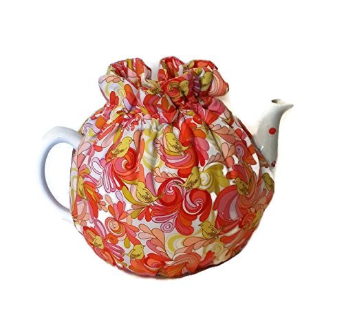 Teapot Cozy, tea warmer with Yellow birds and Orange, Red paisley on white for a 5-8 cup teapot #315 N3