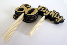 All About Details Black &amp; Gold Eighty Cupcake Toppers, Set of 12