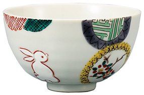 Kutani Pottery Rice Bowl Rabbit w/ Circle Japanese Emblems AP3-0632 From Japan