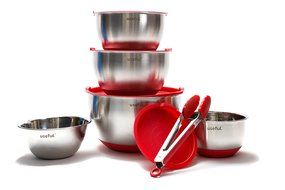 Useful UH-NSB138 6 Pcs Stainless Steel Non Skid Nesting Mixing Bowl Set With Air Tight Lids &amp; Silicone Food Tongs N3