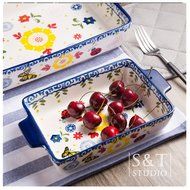 Seiko Painted Ceramic Baking Dish Suitable for Oven and Microwave, with a Cotton Cloth Napkins (S) N2