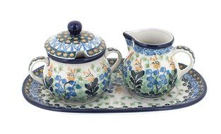 Polish Pottery Lily of the Valley Small Cream &amp; Sugar Set with Tray