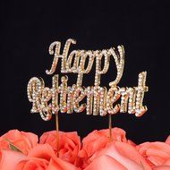 LOVENJOY with Gift Box Happy Retirement Crystal Rhinestone Cake Decoration Topper Gold (4.7-inch)